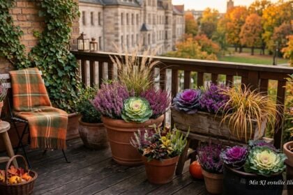 Herbstliche Balkontöpfe mit Heide, Gräsern und farbenfrohem Zierkohl dekoriert