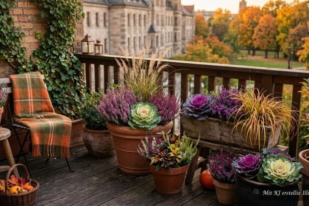 Herbstliche Balkontöpfe mit Heide, Gräsern und farbenfrohem Zierkohl dekoriert