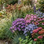 Herbstastern blühen farbenprächtig neben passenden Partnerpflanzen im herbstlichen Gartenbeet