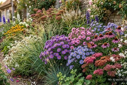 Herbstastern blühen farbenprächtig neben passenden Partnerpflanzen im herbstlichen Gartenbeet