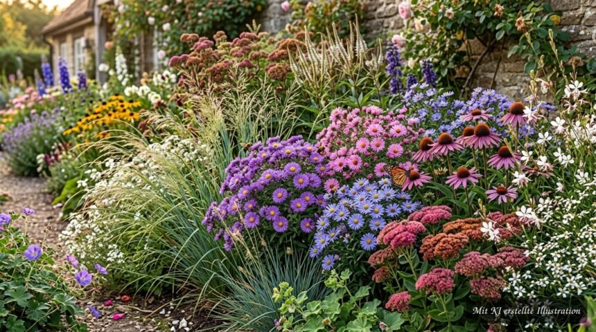 Herbstastern blühen farbenprächtig neben passenden Partnerpflanzen im herbstlichen Gartenbeet