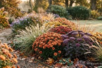 Herbstbeet mit farbenfrohen Pflanzen, Gräsern und markanter Struktur für die kühle Jahreszeit