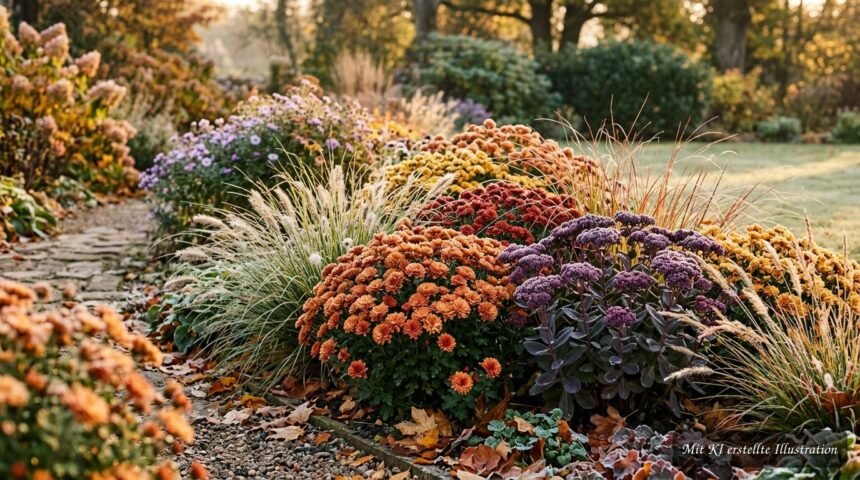Herbstbeet mit farbenfrohen Pflanzen, Gräsern und markanter Struktur für die kühle Jahreszeit