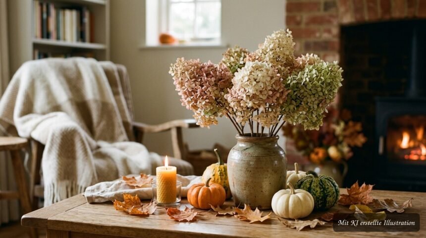 Herbstdeko mit Hortensien – so verwendest du getrocknete Blüten kreativ Getrocknete Hortensien schmücken im Herbst stilvoll Tisch und Tür