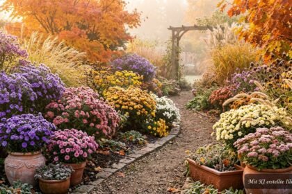 Farbenfroher Herbstgarten mit spät blühenden Pflanzen bis zum ersten Frost