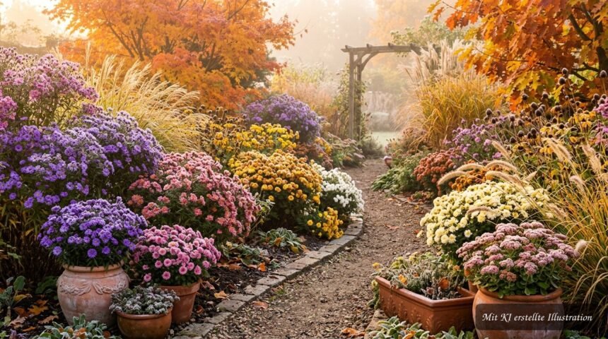 Farbenfroher Herbstgarten mit spät blühenden Pflanzen bis zum ersten Frost
