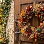 Herbstkranz aus Naturmaterialien mit bunten Blättern, Beeren und getrockneten Zweigen