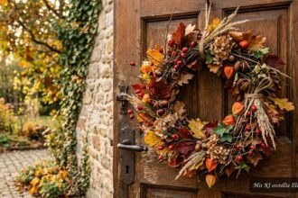 Herbstkranz aus Naturmaterialien mit bunten Blättern, Beeren und getrockneten Zweigen