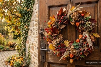 Herbstkranz aus Naturmaterialien mit bunten Blättern, Beeren und getrockneten Zweigen