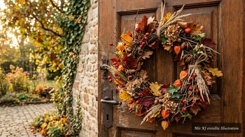 Herbstkranz aus Naturmaterialien mit bunten Blättern, Beeren und getrockneten Zweigen