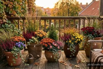Herbstliche Kübel mit bunten Pflanzen schmücken Terrasse oder Balkon in der goldenen Jahreszeit