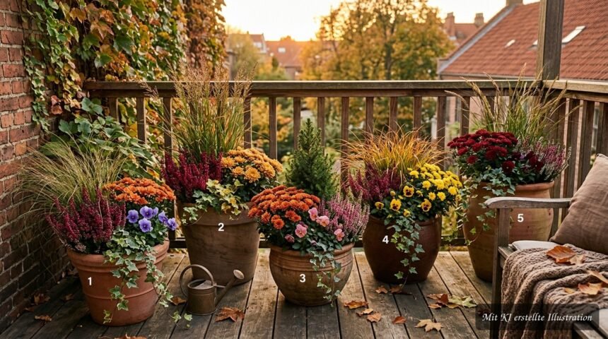 Herbstliche Kübel mit bunten Pflanzen schmücken Terrasse oder Balkon in der goldenen Jahreszeit
