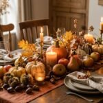 Herbstliche Tischdekoration mit Blättern, Früchten und Kerzen auf einem gemütlich gedeckten Tisch