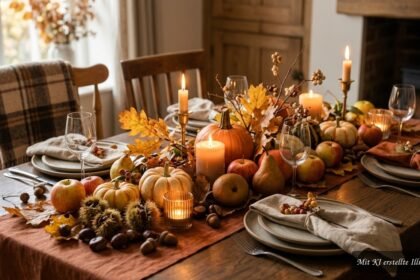 Herbstliche Tischdekoration mit Blättern, Früchten und Kerzen auf einem gemütlich gedeckten Tisch