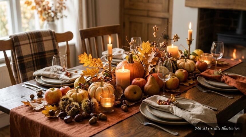 Herbstliche Tischdekoration mit Blättern, Früchten und Kerzen auf einem gemütlich gedeckten Tisch
