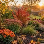 Herbstliche Gartenpflanzung mit jungen Pflanzen, Spaten und buntem Laub im Beet