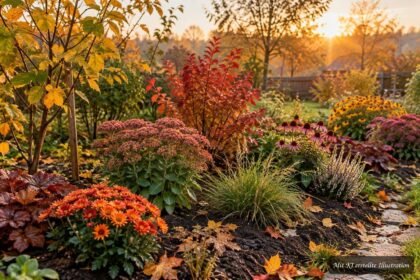 Herbstliche Gartenpflanzung mit jungen Pflanzen, Spaten und buntem Laub im Beet