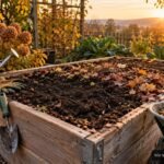 Hochbeet im Herbst nach der Ernte mit Laub, Kompost und schützendem Mulch