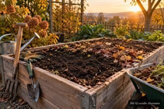 Hochbeet im Herbst nach der Ernte mit Laub, Kompost und schützendem Mulch