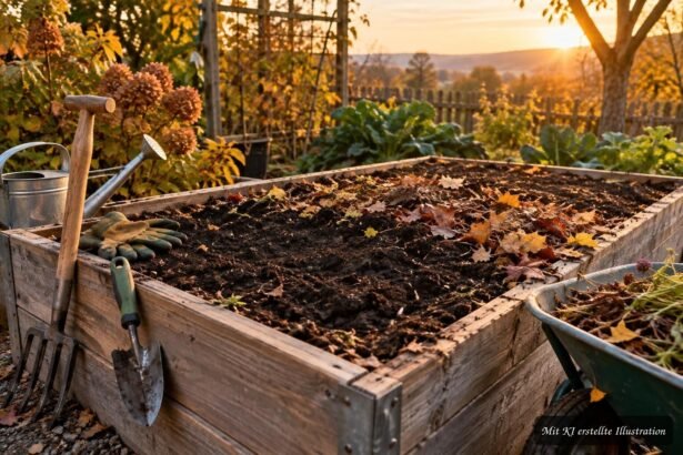 Hochbeet im Herbst nach der Ernte mit Laub, Kompost und schützendem Mulch