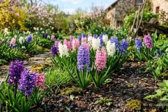 Blühende Hyazinthen setzen farbenfrohe Akzente im frühlingshaften Garten.