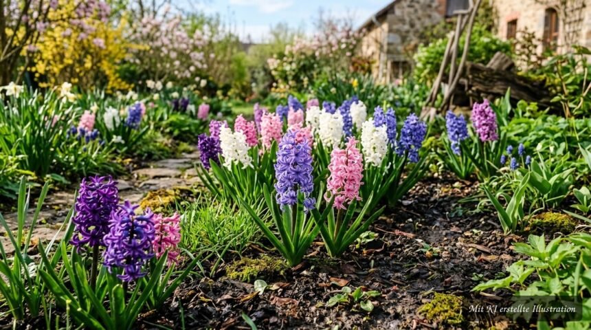 Hyazinthen im Garten – Standort, Pflanzzeit und Pflege im Überblick Blühende Hyazinthen setzen farbenfrohe Akzente im frühlingshaften Garten.