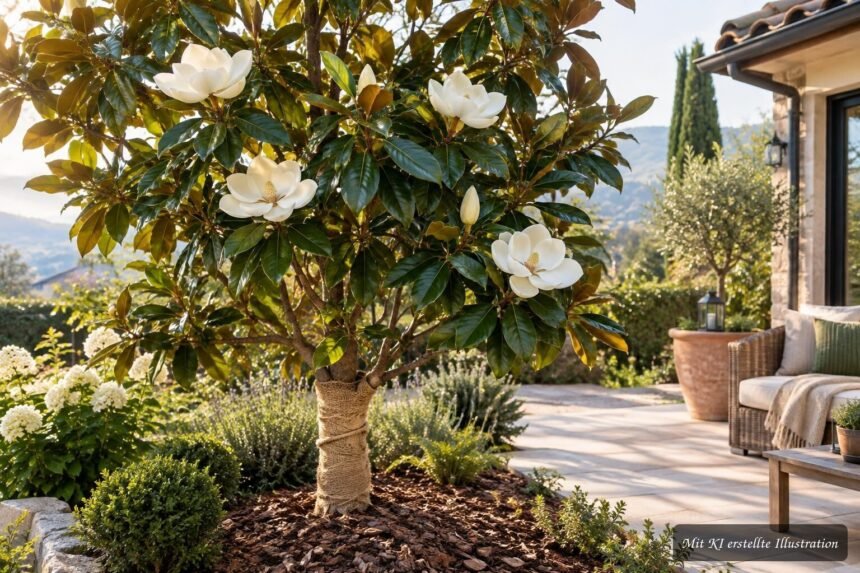 Immergrüne Magnolie mit glänzenden Blättern und duftender weißer Blüte im Garten