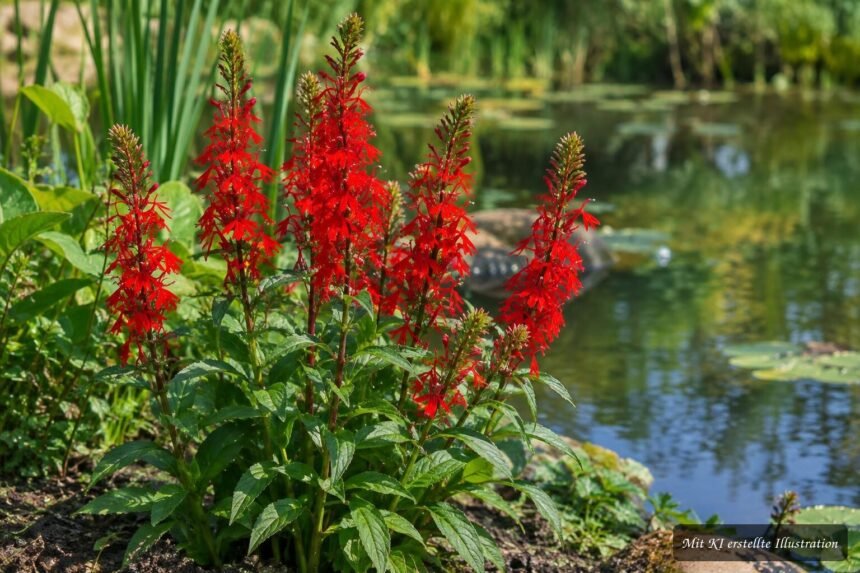 Kardinals-Lobelie mit leuchtend roten Blüten im feuchten Gartenbeet