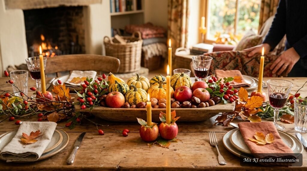 Herbstliche Tischdekoration mit knackigen Früchten, Beeren und Kerzen als natürlicher Blickfang