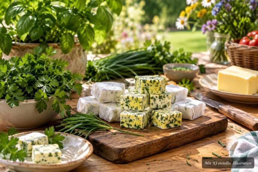 Kräuterbutter einfrieren – praktische Vorratsidee für Petersilie, Schnittlauch und Co. Kräuterbutter mit Petersilie und Schnittlauch portionsweise zum Einfrieren vorbereitet