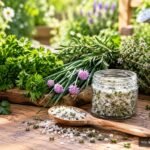Selbstgemachtes Kräutersalz aus frischen Gartenkräutern im Glas