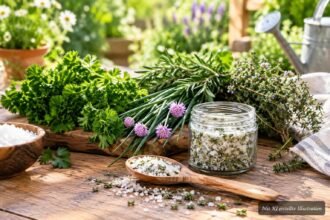 Selbstgemachtes Kräutersalz aus frischen Gartenkräutern im Glas