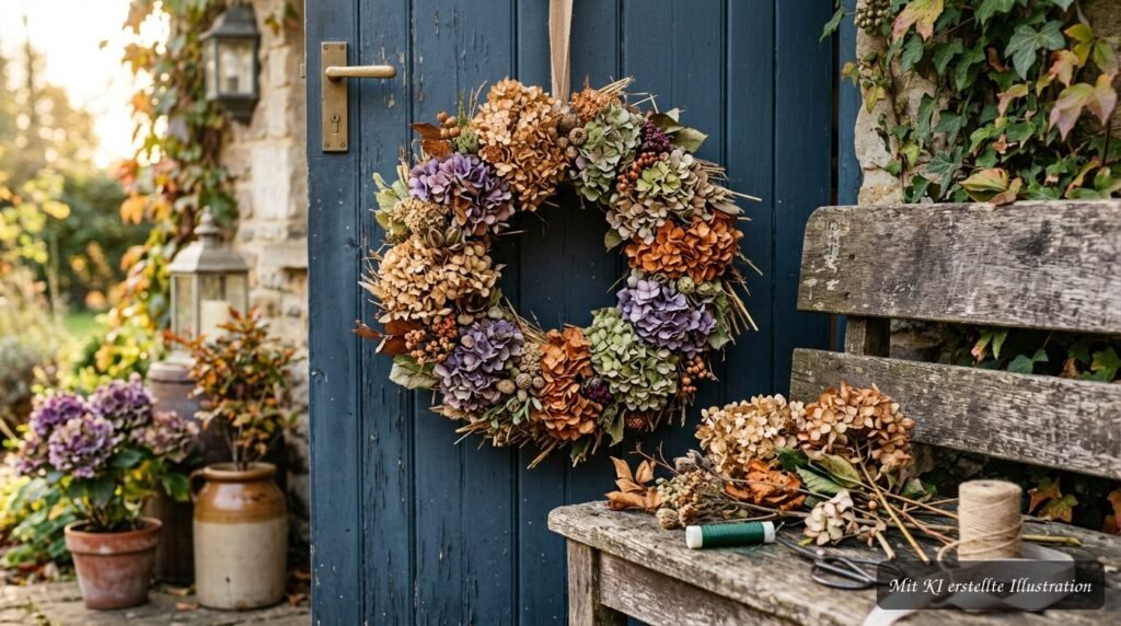 Herbstdeko mit Hortensien – so verwendest du getrocknete Blüten kreativ Herbstlicher Hortensienkranz aus getrockneten Blüten als kreative Dekoration für die Haustür
