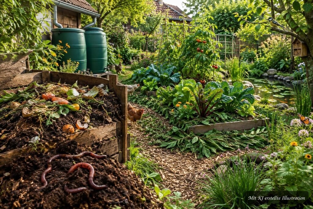 Permakultur im Garten: Kompost, Mulch und Regenwasser fördern natürliche Kreisläufe und vermeiden Abfall.