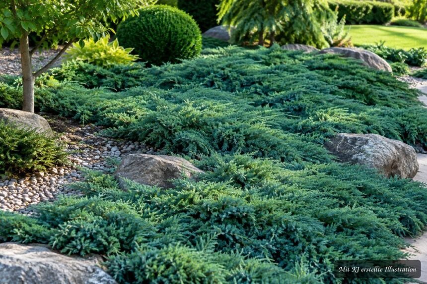 Blaugrüner Kriech-Wacholder ‘Wiltonii’ bildet einen dichten, immergrünen Pflanzenteppich im Garten.