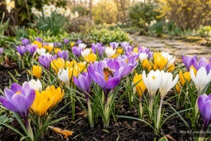 Bunte Krokusse blühen im Frühlingsgarten und bieten Wildbienen wertvolle Nahrung