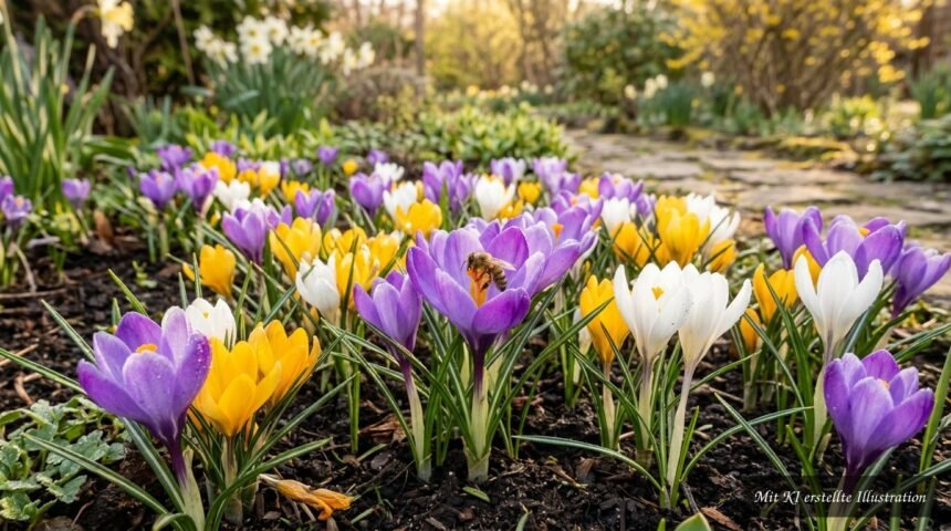 Bunte Krokusse blühen im Frühlingsgarten und bieten Wildbienen wertvolle Nahrung