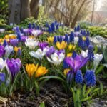 Krokusse und Traubenhyazinthen bilden einen bunten frühen Blütenteppich im Garten.