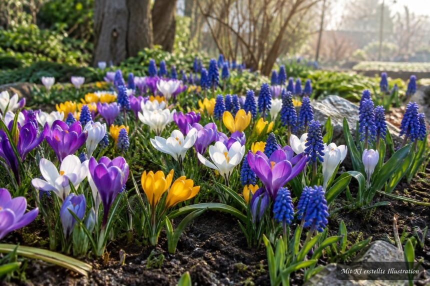 Krokusse und Traubenhyazinthen pflanzen – so entsteht ein früher Blütenteppich im Garten Krokusse und Traubenhyazinthen bilden einen bunten frühen Blütenteppich im Garten.