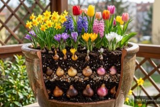 Topf mit geschichteten Blumenzwiebeln für eine langanhaltende, farbenfrohe Frühlingsblüte auf dem Balkon