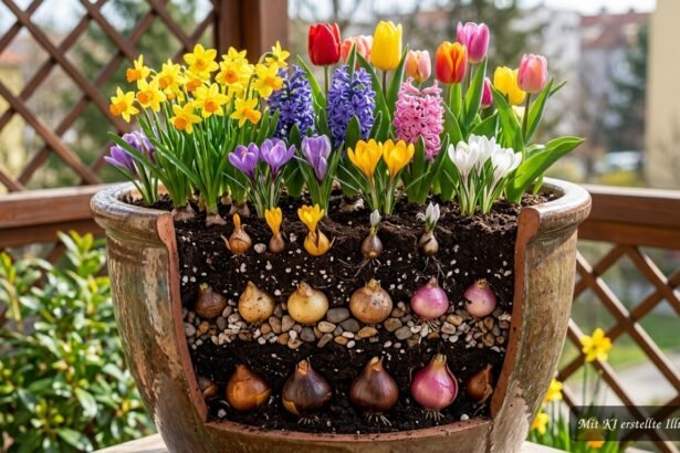 Topf mit geschichteten Blumenzwiebeln für eine langanhaltende, farbenfrohe Frühlingsblüte auf dem Balkon