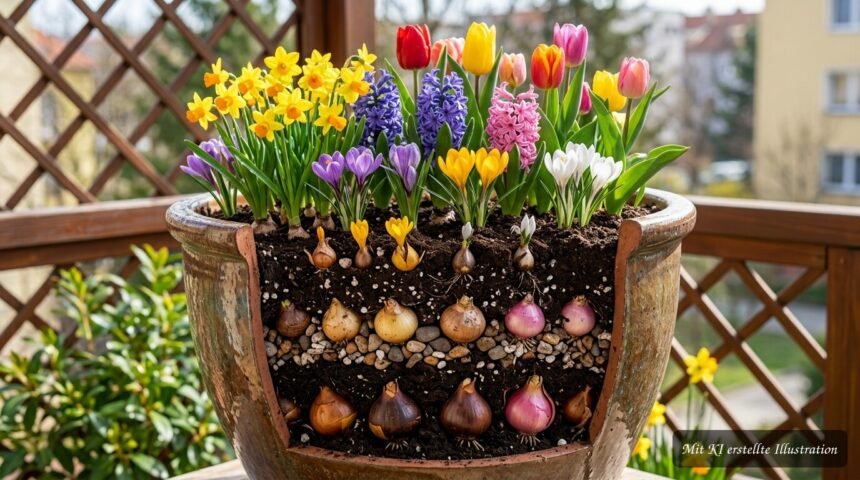Topf mit geschichteten Blumenzwiebeln für eine langanhaltende, farbenfrohe Frühlingsblüte auf dem Balkon
