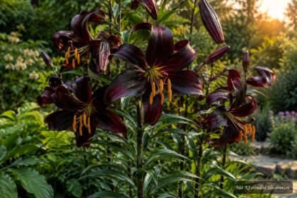 Lilie ‘Black Beauty’ mit tiefroten, zurückgebogenen Blüten im sommerlichen Gartenbeet