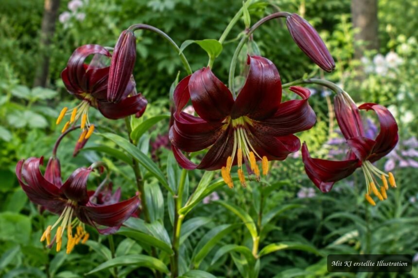 Lilie ‘Black Beauty’ mit tiefroten, zurückgebogenen Blüten im sommerlichen Garten