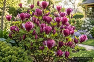 Purpurrote, duftende Blüten der Magnolie Susan im romantischen Frühlingsgarten