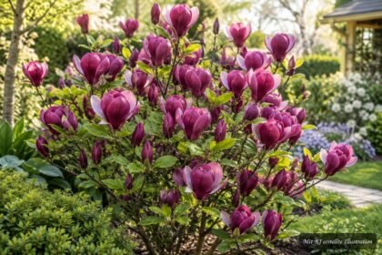 Purpurrote, duftende Blüten der Magnolie Susan im romantischen Frühlingsgarten