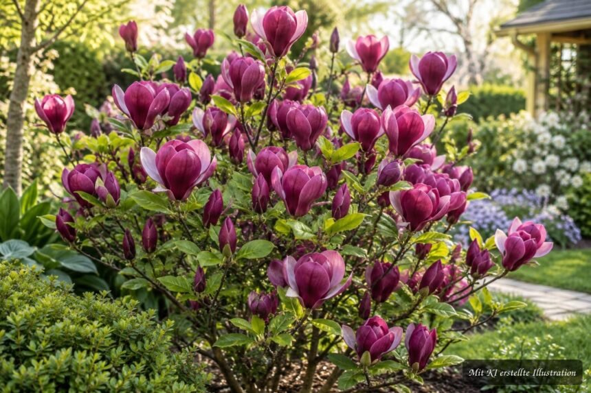 Purpurrote, duftende Blüten der Magnolie Susan im romantischen Frühlingsgarten