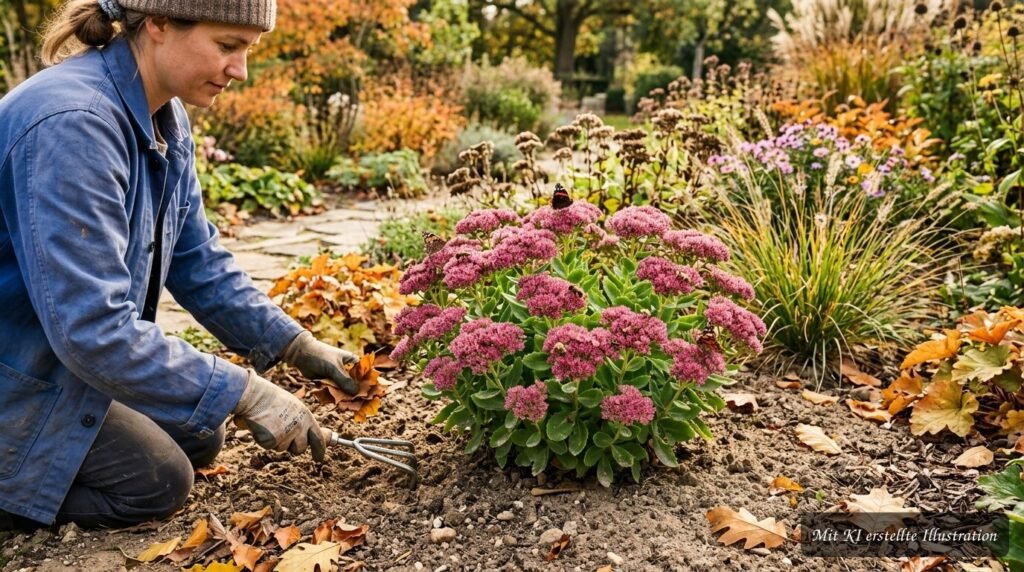 Fetthenne im herbstlichen Beet mit Tipps zur Pflege und als wertvolle Nahrungsquelle für Insekten