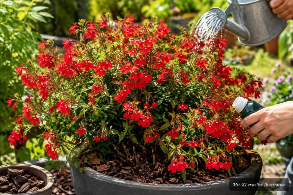 Pracht-Lobelie ‘Fan Scarlet’ mit leuchtend roten Blüten – Tipps zum richtigen Gießen und Düngen