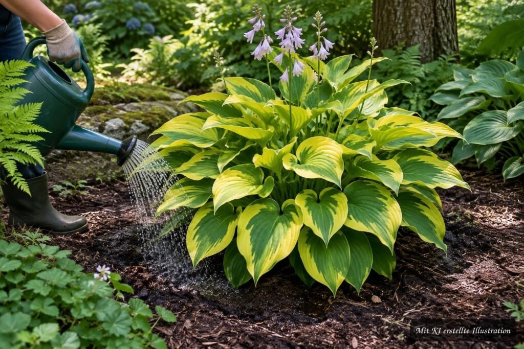 Funkie „Golden Tiara“ mit goldgrün gerandeten Blättern im Garten – Tipps zur täglichen Pflege und zum passenden Standort